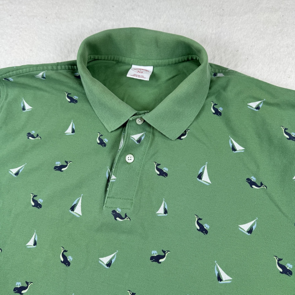 Brooks Brothers Polo Shirt Mens Size L Green Whale Sailboat Print Nautical 346
